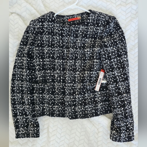 NWT Alice + Olive Black and White Tweed Peals Sequin Jacket Size S - Picture 3 of 10